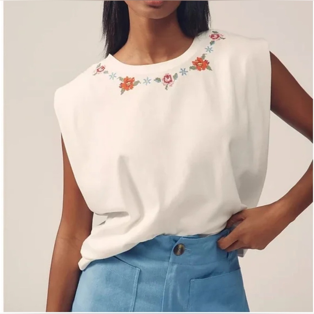 FARM Rio Cross Stitch Flowers Tee in Off-White